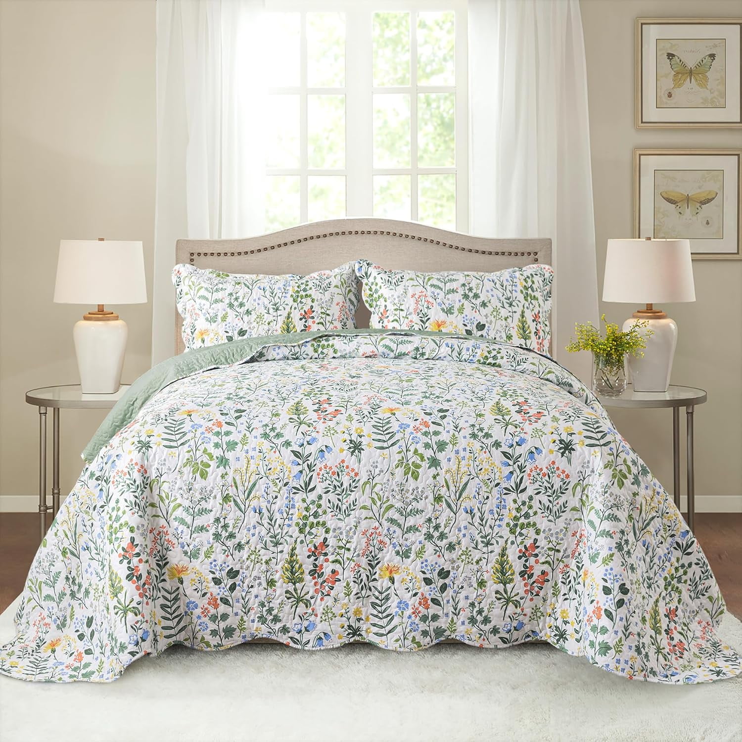 Nordmiex Queen Quilt Bedding Set 3 Pieces Microfiber Quilt Sets Green Floral Bedspreads Reversible Coverlets