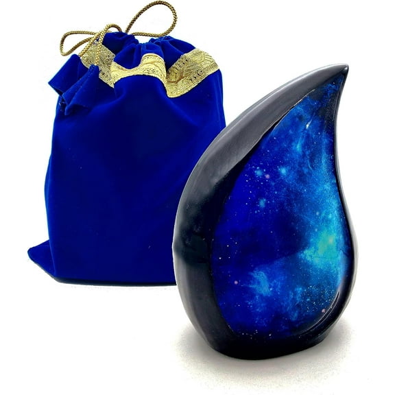 5MOONSUN5's Galaxy Teardrop Urns for Human Ashes, Funeral Cremation Urn with Velvet Bag, Keepsake Urn for Adults, for Your Loved Ones Blue Star Sky Display Urn Capacity (60 Cubic Inches) one Side 6''