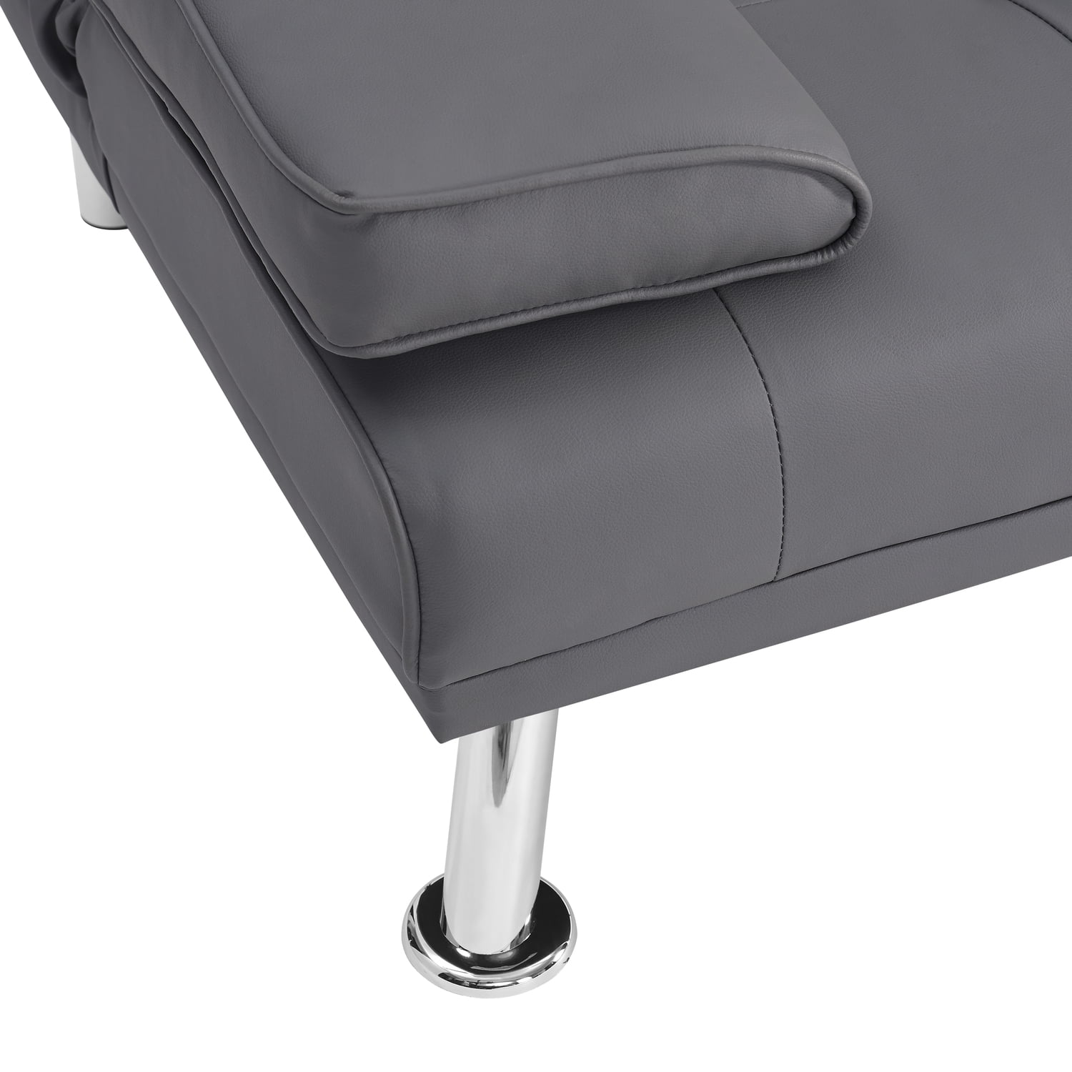 Futon Sofa Bed, Faux Leather Futon Couch with Armrest and 2 Cupholders, Pull Out Sofa Bed Couch Convertible with Metal Legs, Folding, Reclining Small Couch Bed, Futon Bed for Living Room - Gray