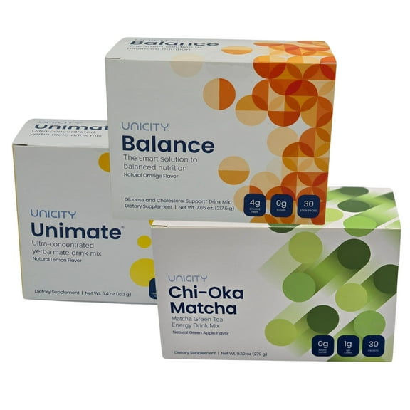 Unicity Trio: Orange Balance, Unimate Lemon & Chi-Oka Matcha 90 Stick Packs