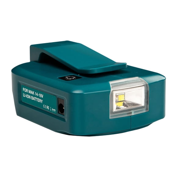 Adaptador USB ADP05 con luz de trabajo LED para fuente de alimentación portátil, compacta y resistente de 14-18 V con puerto de de 12 V.