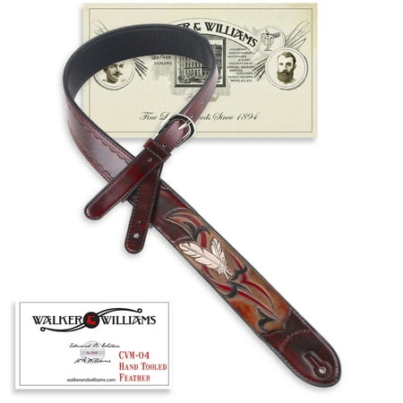 Hand Tooled Leather Guitar Straps Walker & WilliamsCVM-04 Dark Brown Leather Guitar Strap with Hand Tooled Feather and Texas Star Design ()