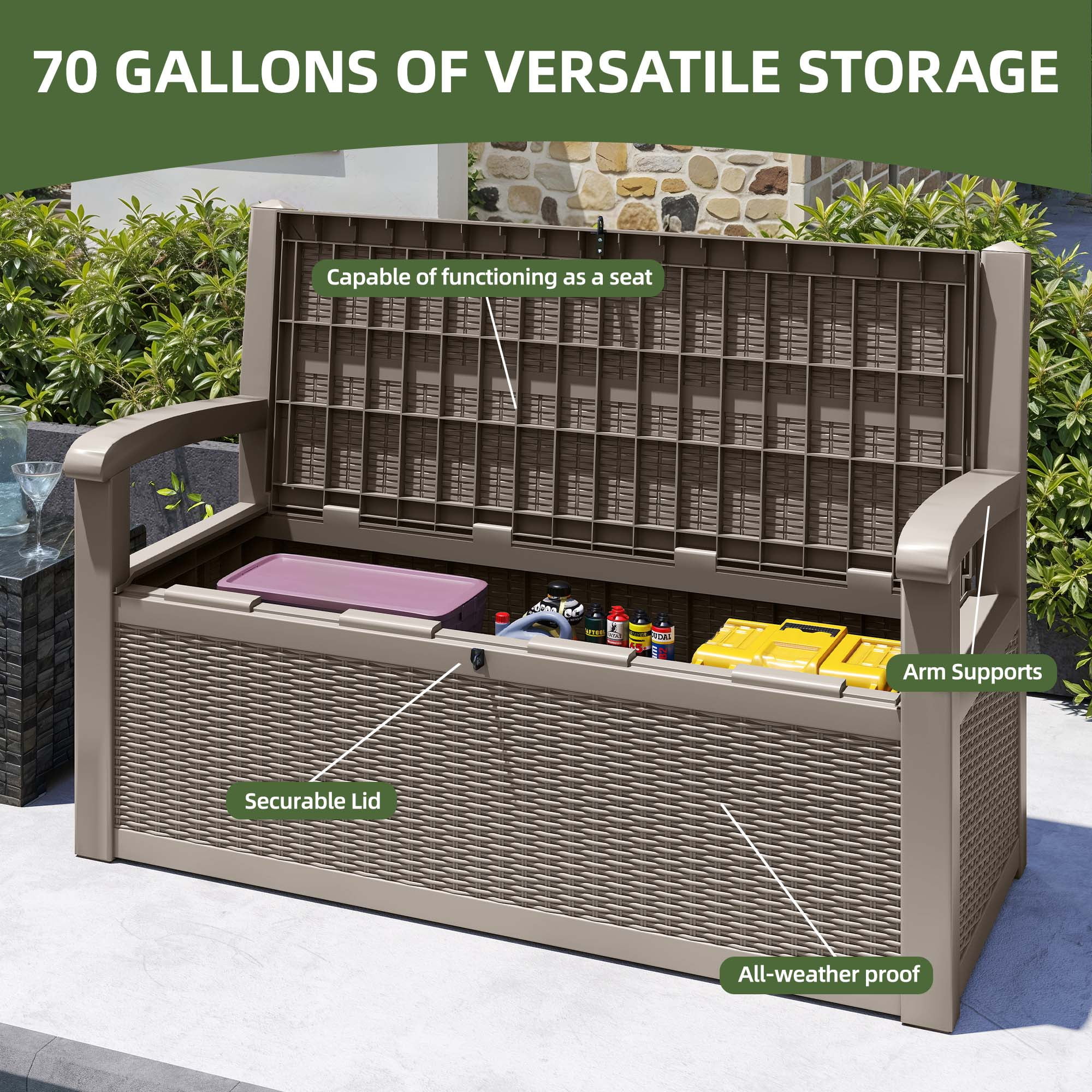 Uforic Uforic 70 Gallon Outdoor Resin Deck Bench,Waterproof & Lockable Storage Box  Bench with Armrests for Garden Patio, Light Brown