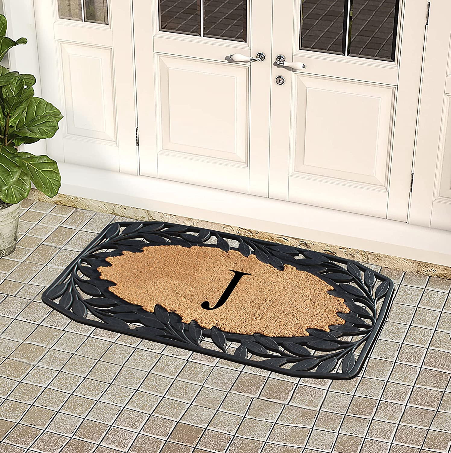 A1 Home Collections Floral Black, Beige, Multi-color Rubber and Coir Doormat for Outdoor Entrance Non Slip Backing Front Door Mat, 23" x 38"