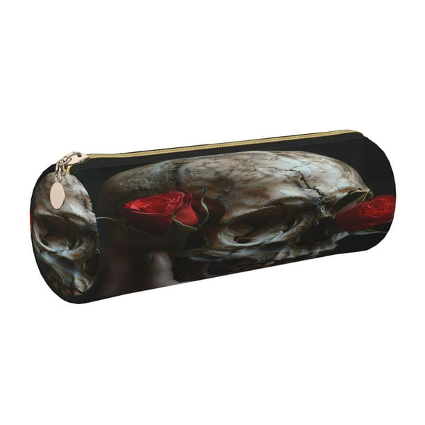 Disketp Realistic Rose Skull Estuche Organizador de Lápices de Cuero, Estuche de Oficina con Cremallera para Bolígrafo y Lápiz