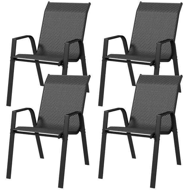 Grey 4-Piece Outdoor Dining Chair Set - Stackable Rattan Patio Chairs for Balcony, Garden & Porch - Steel Frame - 330lb Capacity