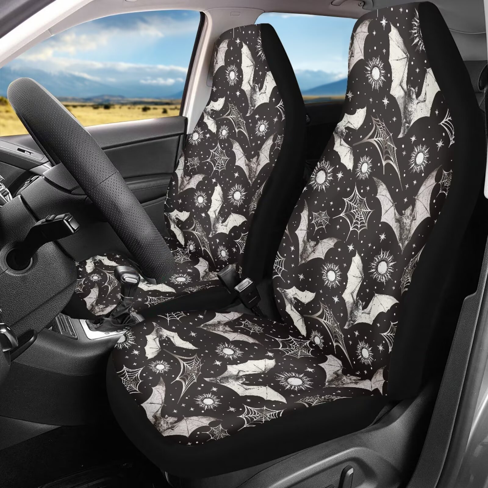 Yuyamidu Bat Front Car Seat Covers Cobweb Automotive Seats Cover Fit for Most of SUV, Sedan, Truck Waterproof Bucket Seat Cover Auto Interior Sets, Halloween