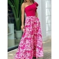 thumbnail image 4 of 2 Piece Outfits for Women One Shoulder Short Top Floral Long Wide Leg Pants Palazzo Sets Rose Red XXL, 4 of 5