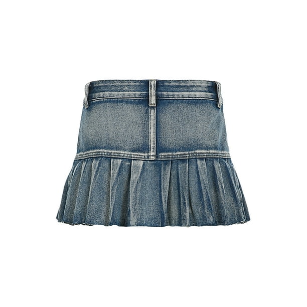 Sunloudy Women's Mini Jean Skirts Fashion Low Waist Pleated Denim