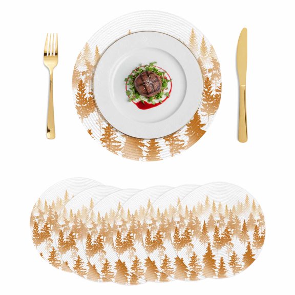 Burnt Orange Forest Round 15 Inch Placemats Set of 6, Contemporary Silhouette Abstract Art HeatResistant Non Slip Place Mats for Dining Table, Wipeable Braided Kitchen Table Mats for Housewarming