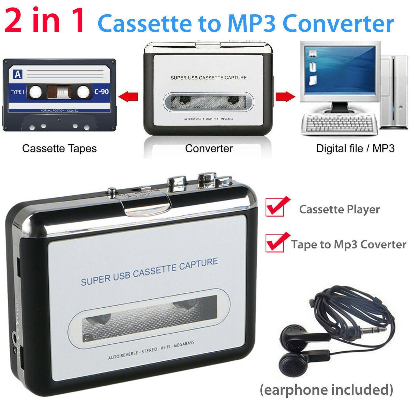 Tape to PC USB Cassette MP3 CD File Converter Capture Digital Audio Music Player