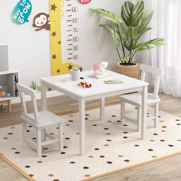 Auranook Wooden Kids Table and 2 Chairs Set, Kids Play Table with Rubber Wood Legs, 2 Solid Wood Chairs with Anti-slip Foot Pads, 3 Pieces Children Furniture