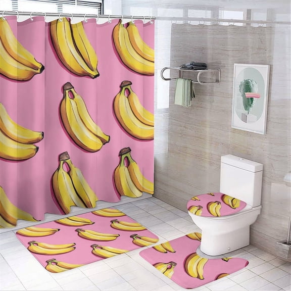 4 Piece Decor Shower Curtains Sets Yellow Bananas with Non-Slip Rugs Toilet Lid Cover And Bath Mat Kawaii Banana Pink Background Farmhouse Bathroom Shower Set for Bathroom Decor Set 72inch X 72inch