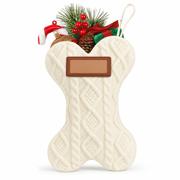 Dog Christmas Stocking, 1Pc Pet Christmas Stocking, Bone-Shaped Cable Knit Pet Stocking for Holiday Decor