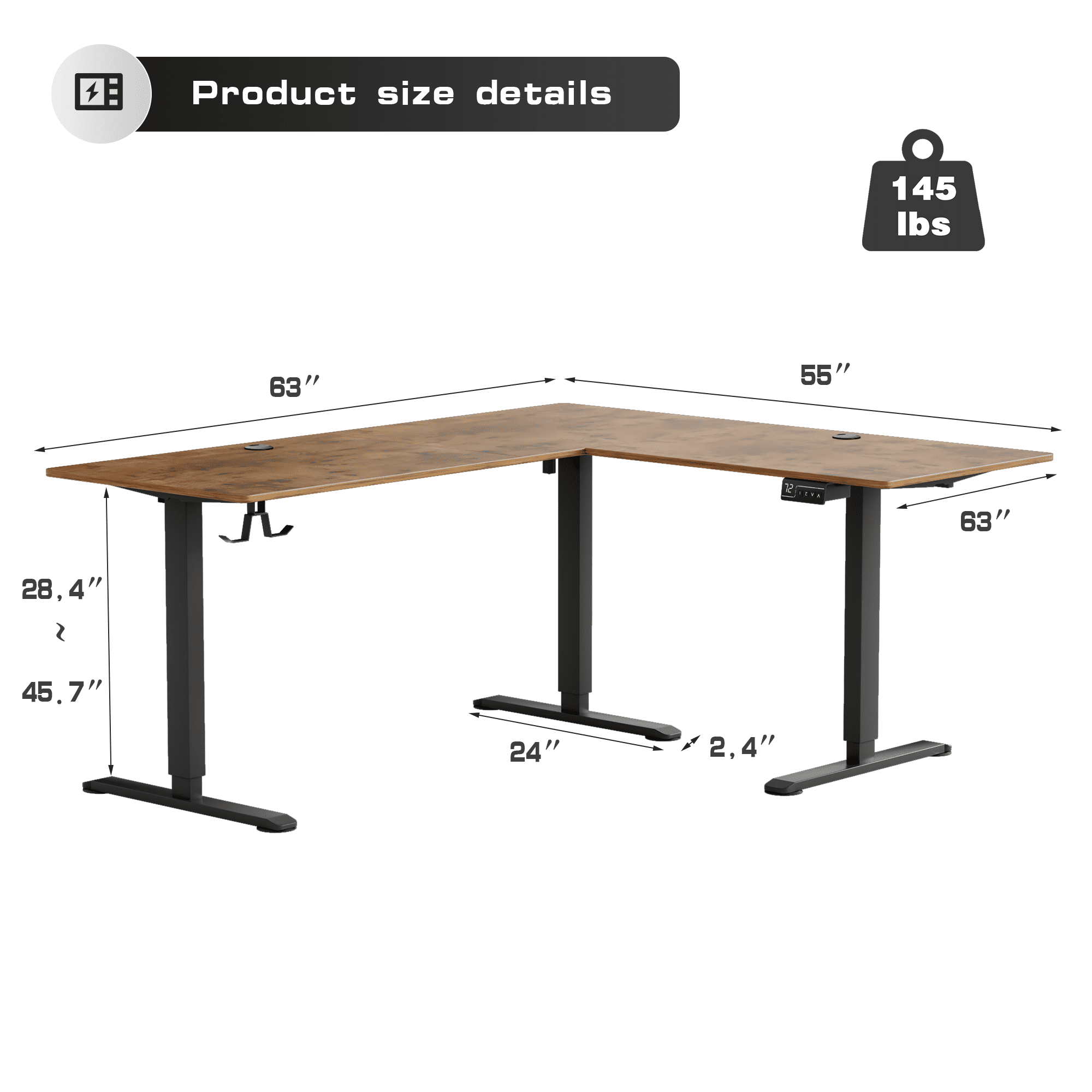 Furmax L-shaped Standing 63” W Electric Height Adjustable Computer Desk Sit-Stand Corner Desk for Home Office Lifting Range 28~46in with Memory Preset Controller, Brown