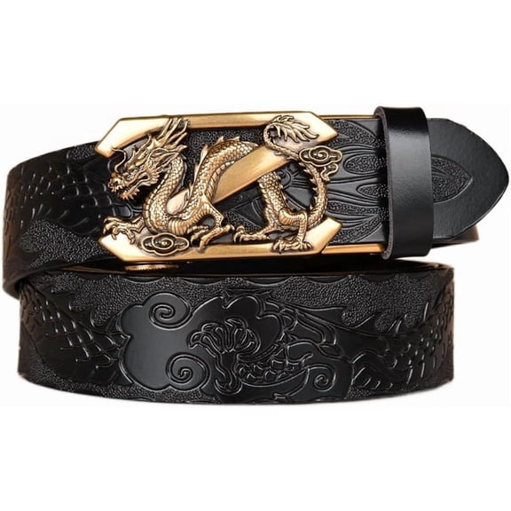 Men's Leather Ratchet Belt Ethnic Style Buckle Retro Personality Dragon Carved Casual Business Belt 49" Trim To Fit