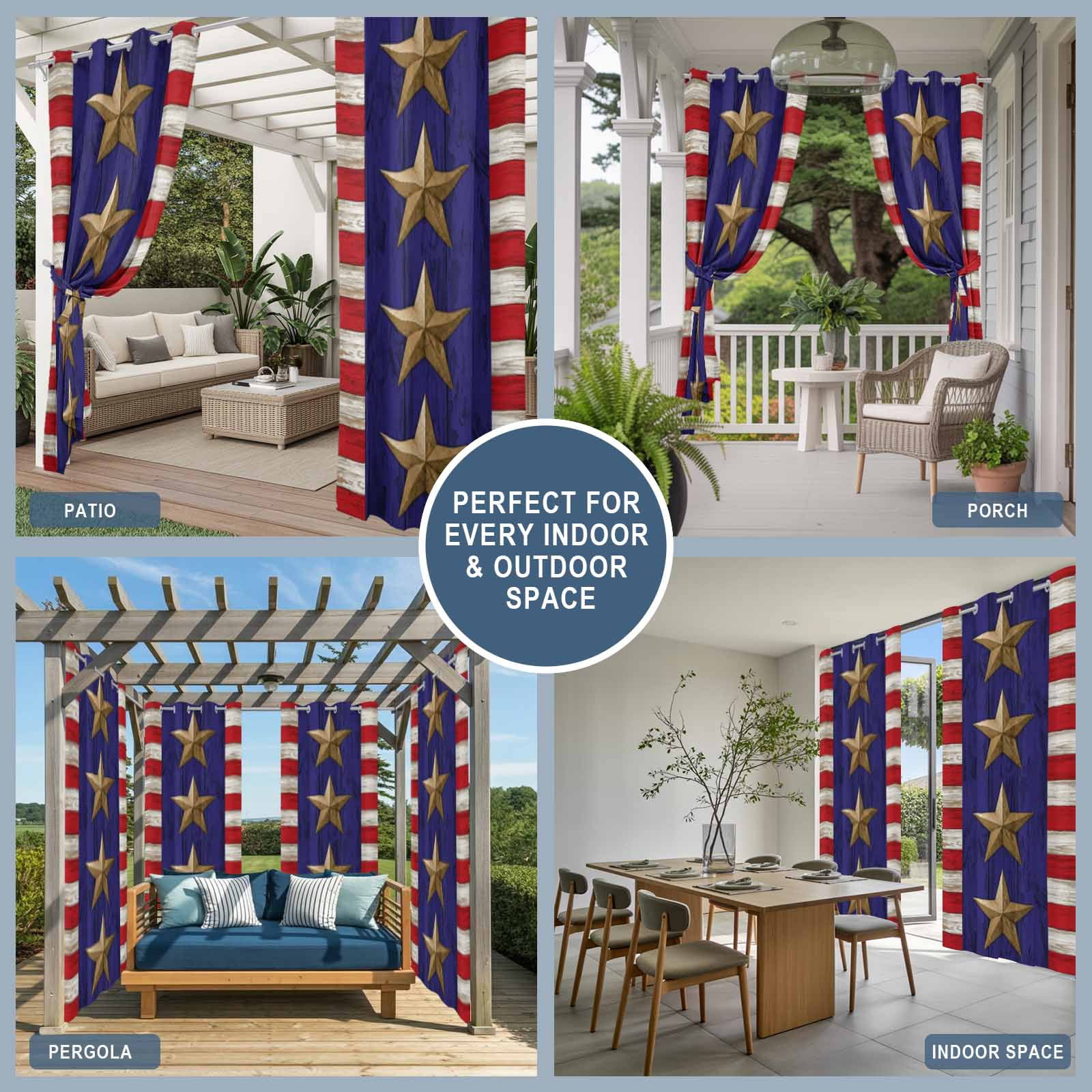 Independence Day Outdoor Curtains for Patio, Retro America Blue Gold Star Red Wood Grain Sunshade Privacy Drapes Grommet Waterproof Outside Curtains for Porch/Cabana/Balcony 54"x 108", 1 Panel