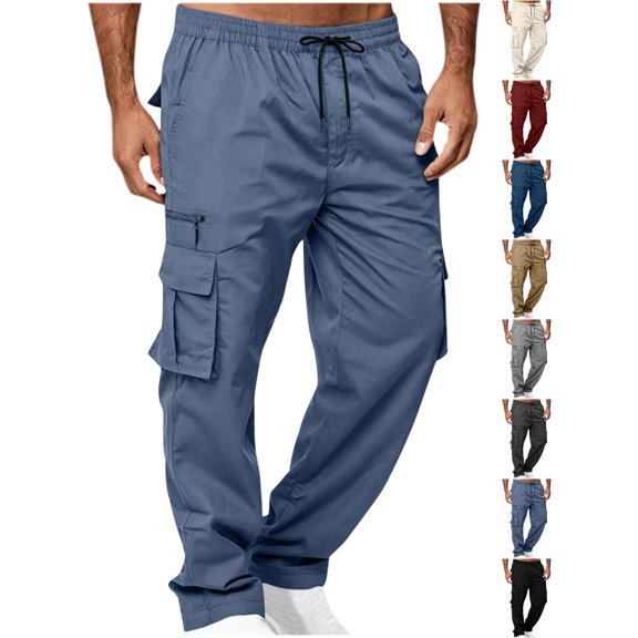 Men's Cargo Pants Elastic Waist Drawstring Work Trousers Multi-Pocket Straight Leg Casual Joggers with Zipper Pockets