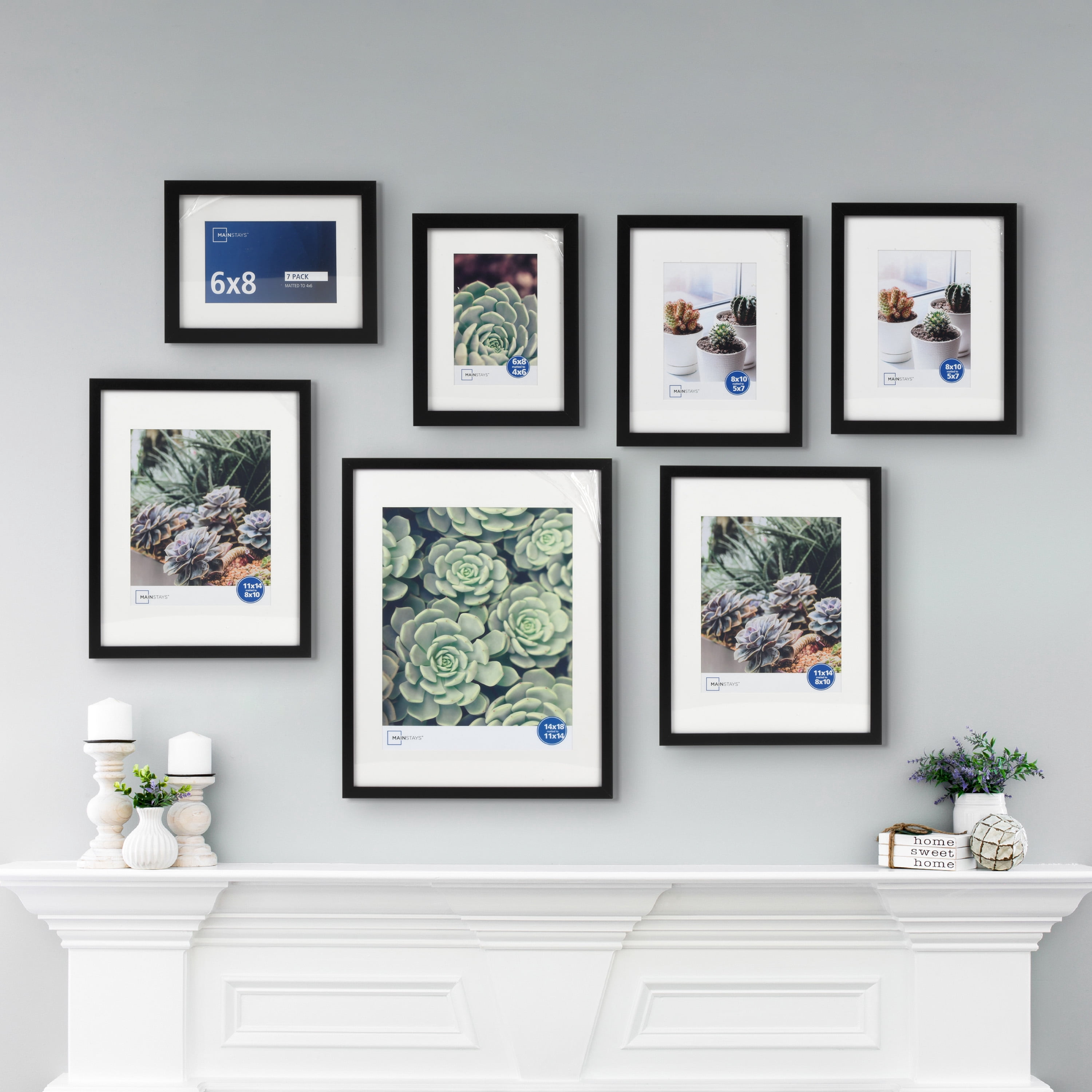 (2 pack) Mainstays Black Multi-Size Matted Picture Frame Set, Gallery Wall Photo Frames, Set of 7