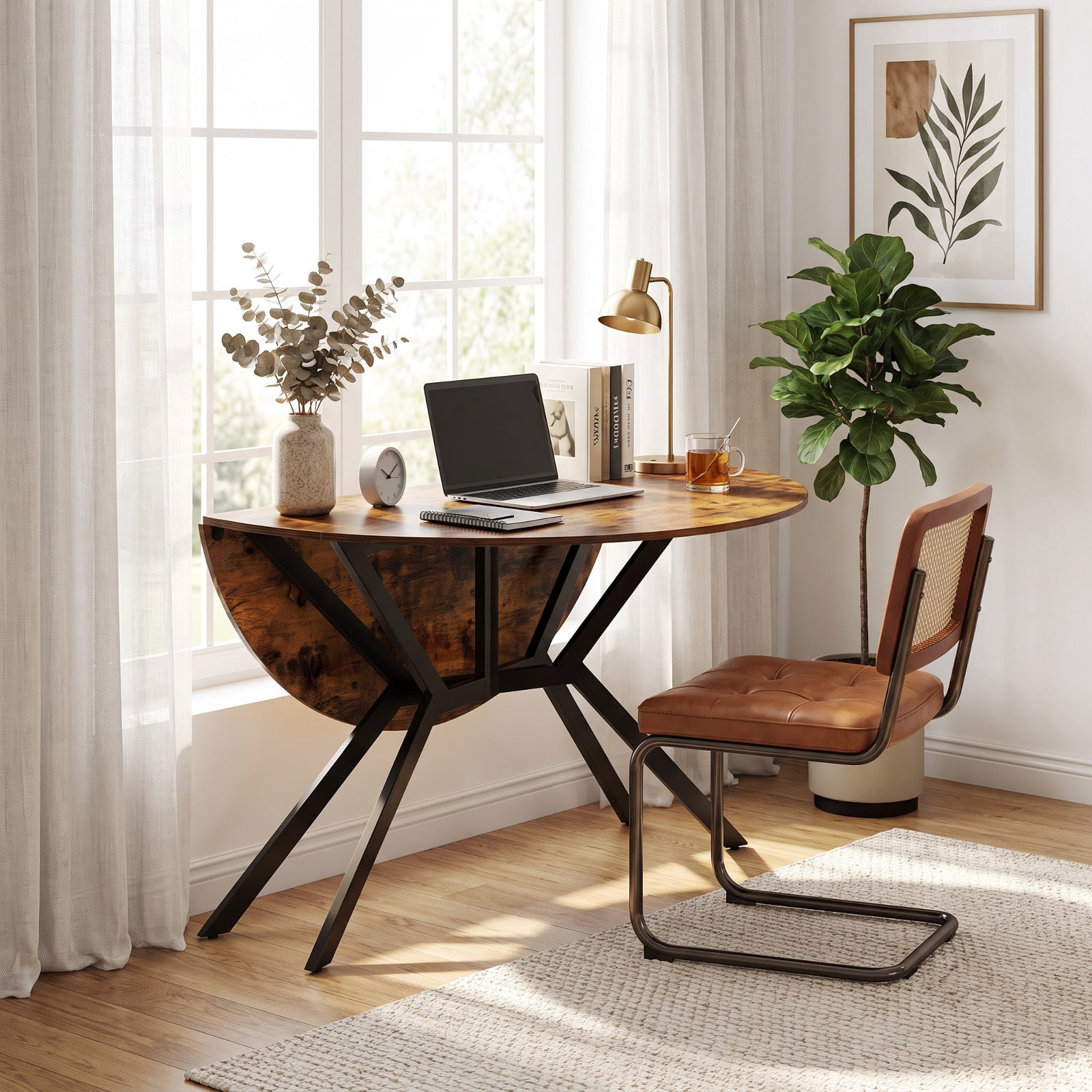 Furnibear Folding Dining Table 47 Inch Extendable Round Kitchen Table with Drop Leaves for Kitchen Dining Room Breakfast Nook Small, Rustic Brown