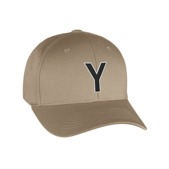 Flexfit Baseball Hat Custom Letter Initials A to Z Curved Bill, Khaki Cap Wh Blk
