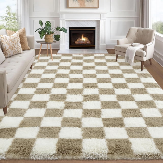 Checkered Area Rug 10x13 Fluffy Rug Checkered – Large Plush Rug for Bedroom, Ultra Soft Non-Slip Fluffy Carpet for Living Room – Modern Indoor Floor Rug