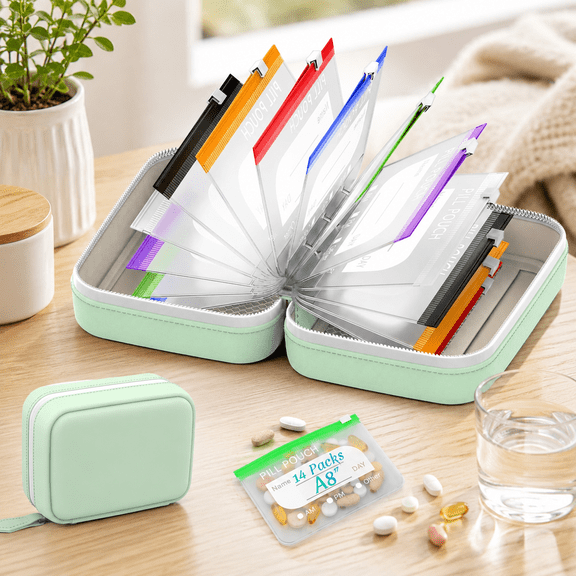 Pilly Pal Organizer with Labels A8 Waterproof Pill Pouch Set Zippered Pill Pouches, Leakproof Reusable Zippered Storage Case, Compact Daily Pills Holder with 14 Color-Coded Pouches