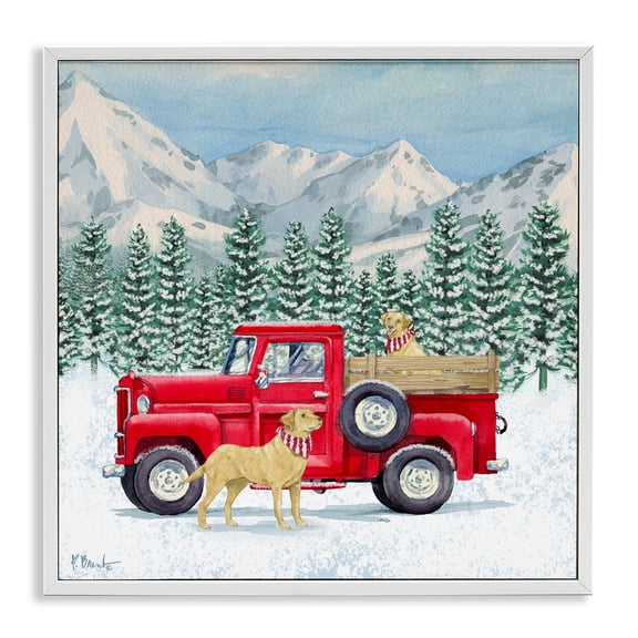 Stupell Industries Farmhouse Winter Pups Holiday Red Truck White Framed Giclee Art, 12 x 12, by Paul Brent