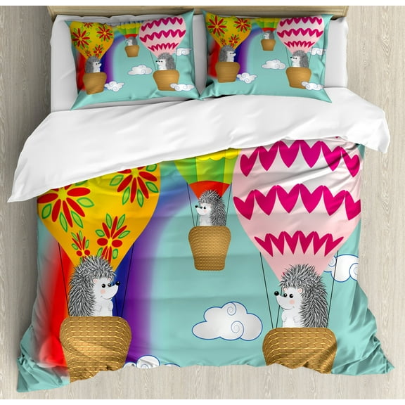 Hedgehog Queen Size Duvet Cover Set, Sketch Animals Flying in Hot Air Balloons with Various Motifs Flowers and Chevrons, Decorative 3 Piece Bedding Set with 2 Pillow Shams, Multicolor, by Ambesonne