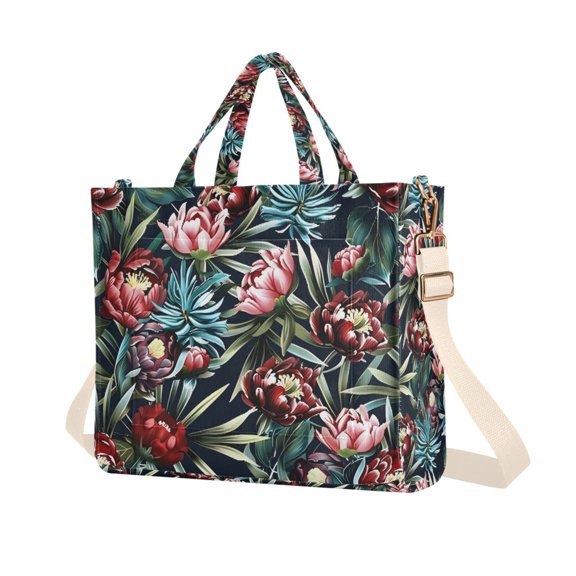 FORMRS Womens Corduroy Tote Bag Crossbody Shoulder Purse Handbag with Detachable Strap, Peony Dusk Pattern