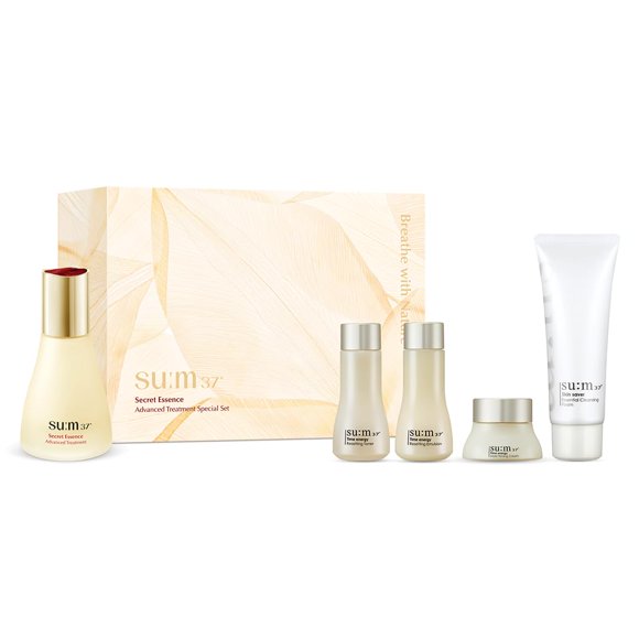 SU:M Secret Essence Juego especial de tratamiento avanzado (1.52 fl oz) (juego de 5 piezas) - Cuidado de la piel de fermentación avanzada para la reducción de arrugas por hidratación. con Activador Cy