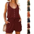 thumbnail image 4 of Verano sin mangas romper mujeres casual Scoop Masajeadores de cuello botón Abrigos plumas cintura tie Tank Top jumpsuit con bolsillo, 4 of 6