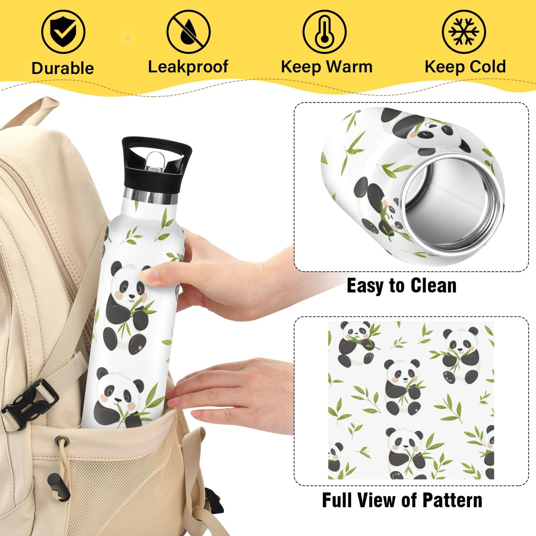 Kids Insulated Stainless Steel Sports Water Bottle 600ml (20oz), BPA-Free Panda Eating Bamboo