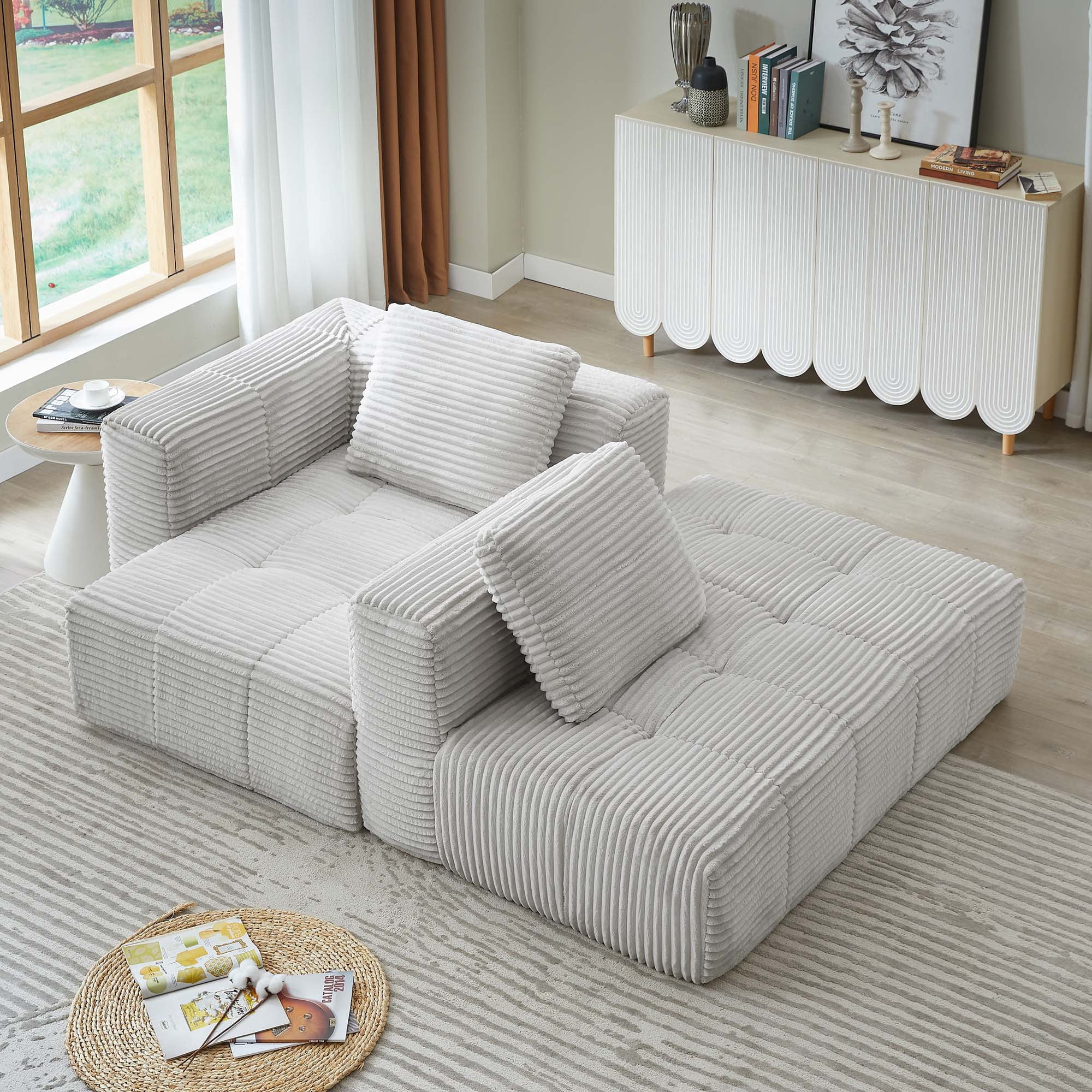 Miniyam 108 in 3 Seats L-Shape Modular Compressed Couch, Sectional Sofa with Chaise Lounge, Upholstered Oversized Tufted Couches for Living Room, Light Grey