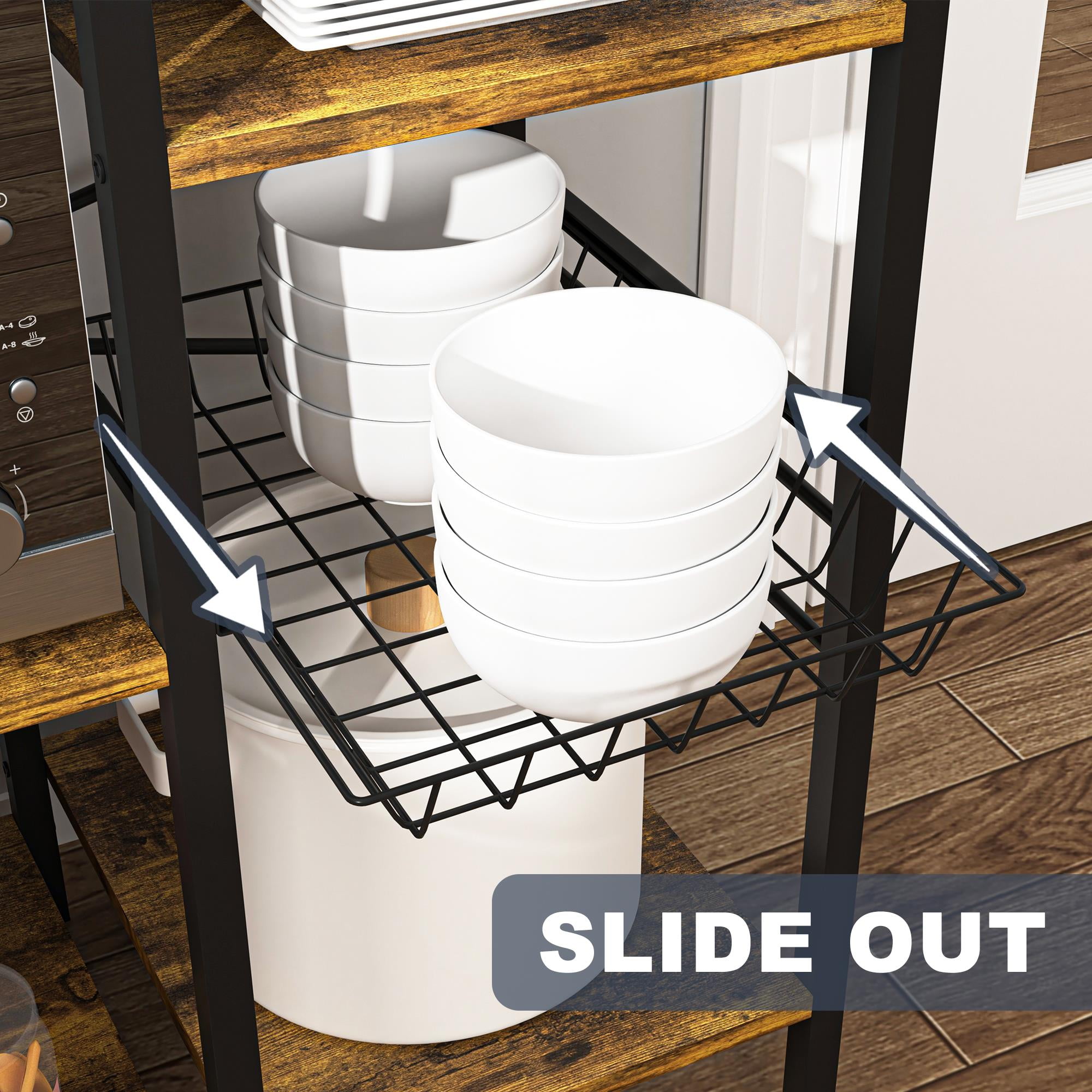 Finihen Large Bakers Rack with Power Outlets, 6-Tier Microwave Stand, Coffee Bar with 8 S-Shaped Hooks, Kitchen Shelf with Wire Basket, Brown Finihen Large Bakers Rack with Power Outlets, 6-Tier Microwave Stand, Coffee Bar with 8 S-Shaped Hooks, Kitchen Shelf with Wire Basket, Brown