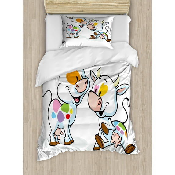 Crazy Duvet Cover Set Twin Size, Farmland Animals Cartoon Baby Cows with Colorful Spots Nursery Creature Illustration, Decorative 2 Piece Bedding Set with 1 Pillow Sham, Multicolor, by Ambesonne