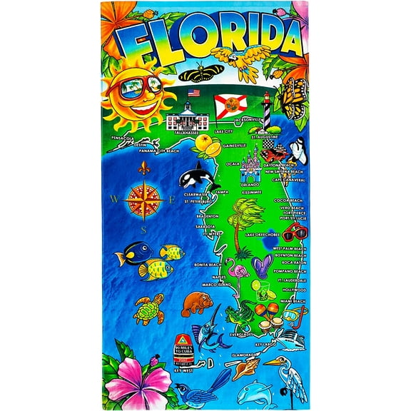 Florida Map Beach Towel 30 x 60 inch 100% Cotton - Sunshine State Multicolor