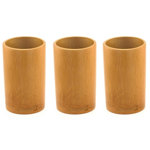BambooMN Bamboo Kitchen Utensil Holder for Countertop, Utensil Crock for Cooking Utensils - 7" x 4" - Carbonized Brown - 3 Pieces