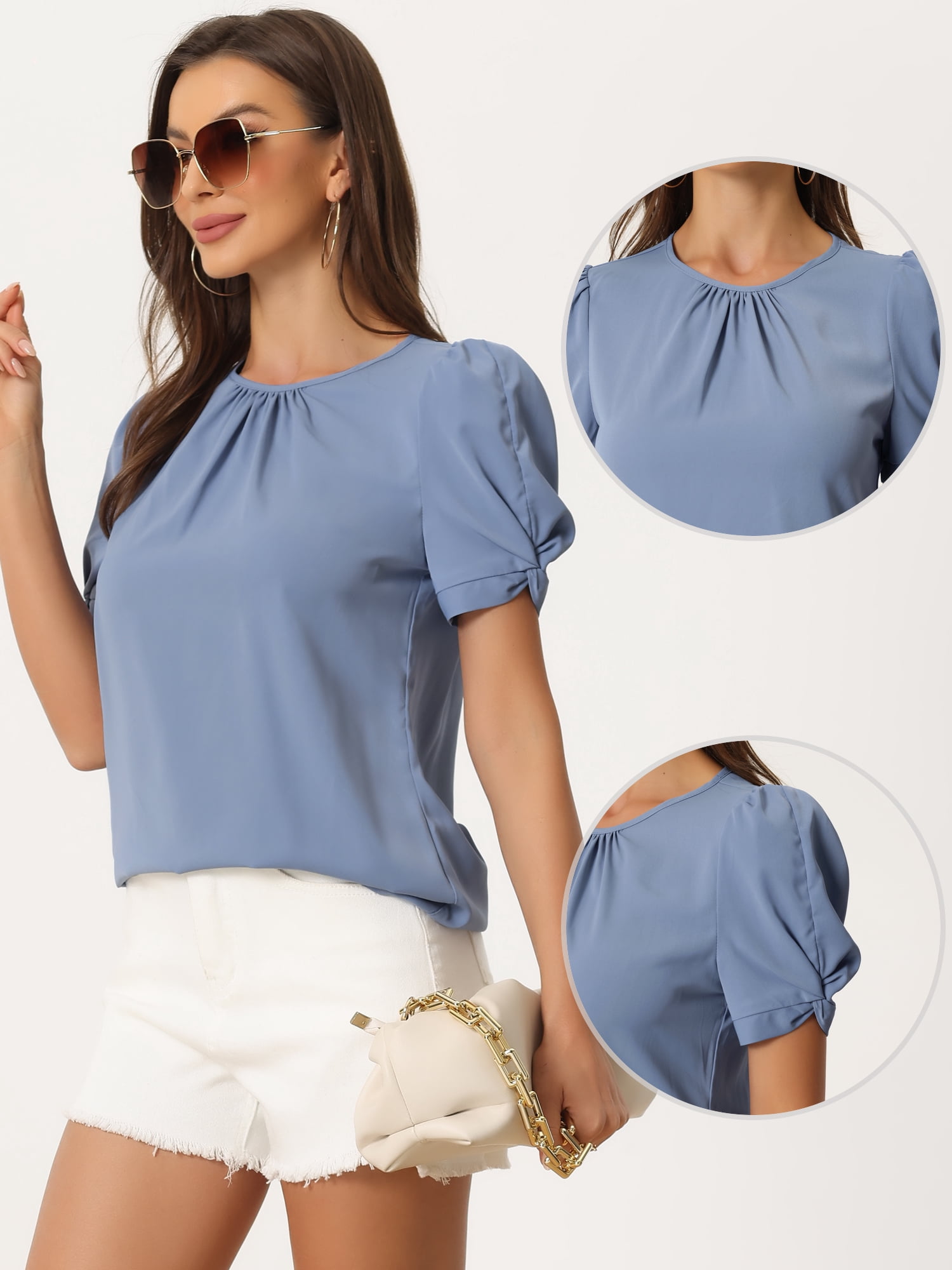 DARING DIVA Women's Ruched Sleeve Blouse Pleated Front Round Neck Tops M Blue Gray