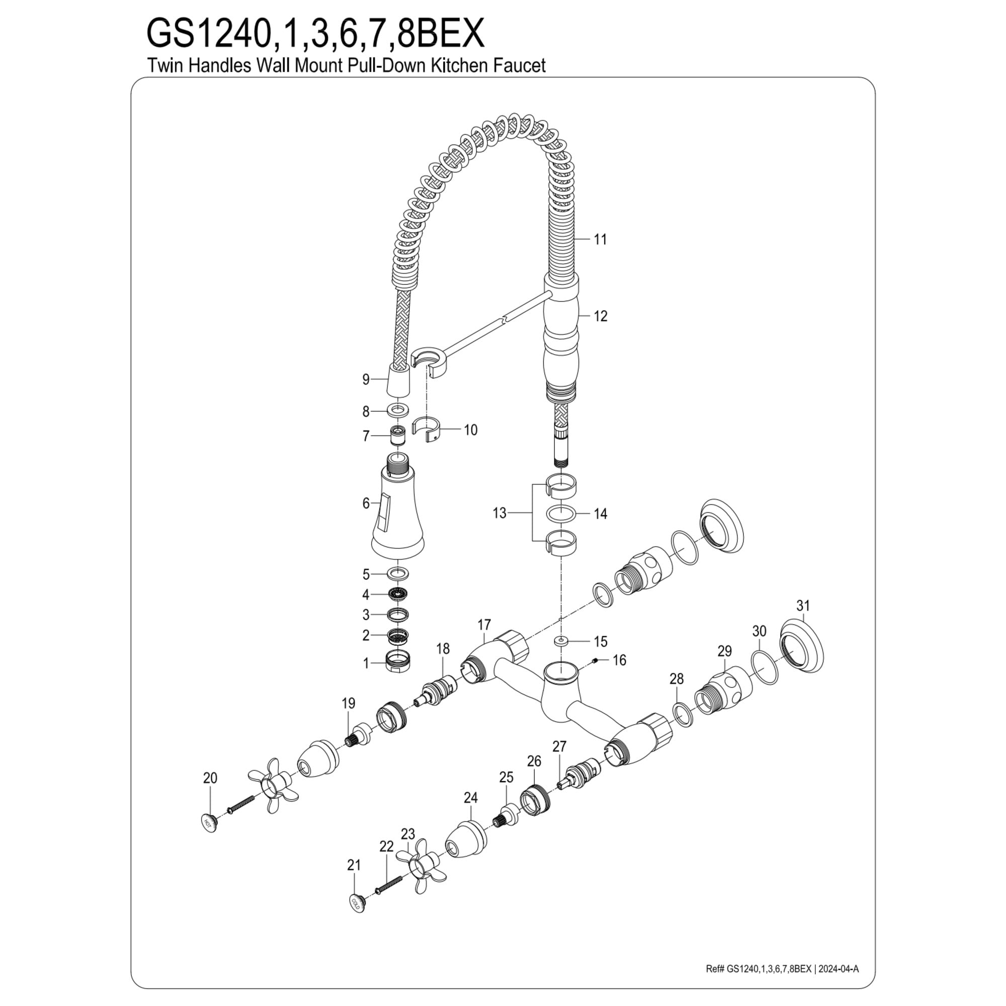 Kingston Brass GS1247BEX Essex Double-Handle 2-Hole Wall-Mount Pre-Rinse Bridge Kitchen Faucet in Brushed Brass