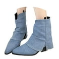 thumbnail image 5 of Women's Denim Block Heel Fold Over Knee Boots Fashion Pull Low Chunky Heel Casual Long Boots Wide Calf Boots, 5 of 8