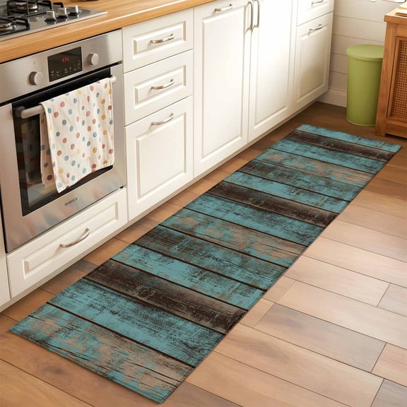 2'x6' Rug Runners for Hallways Kitchen, Teal Wood Grain Non Slip Entryway Beside Floor Carpet Runner, Gradient Farm Old Wooden Board Vintage Washable Laundry Room Bedroom Throw Rugs Mat