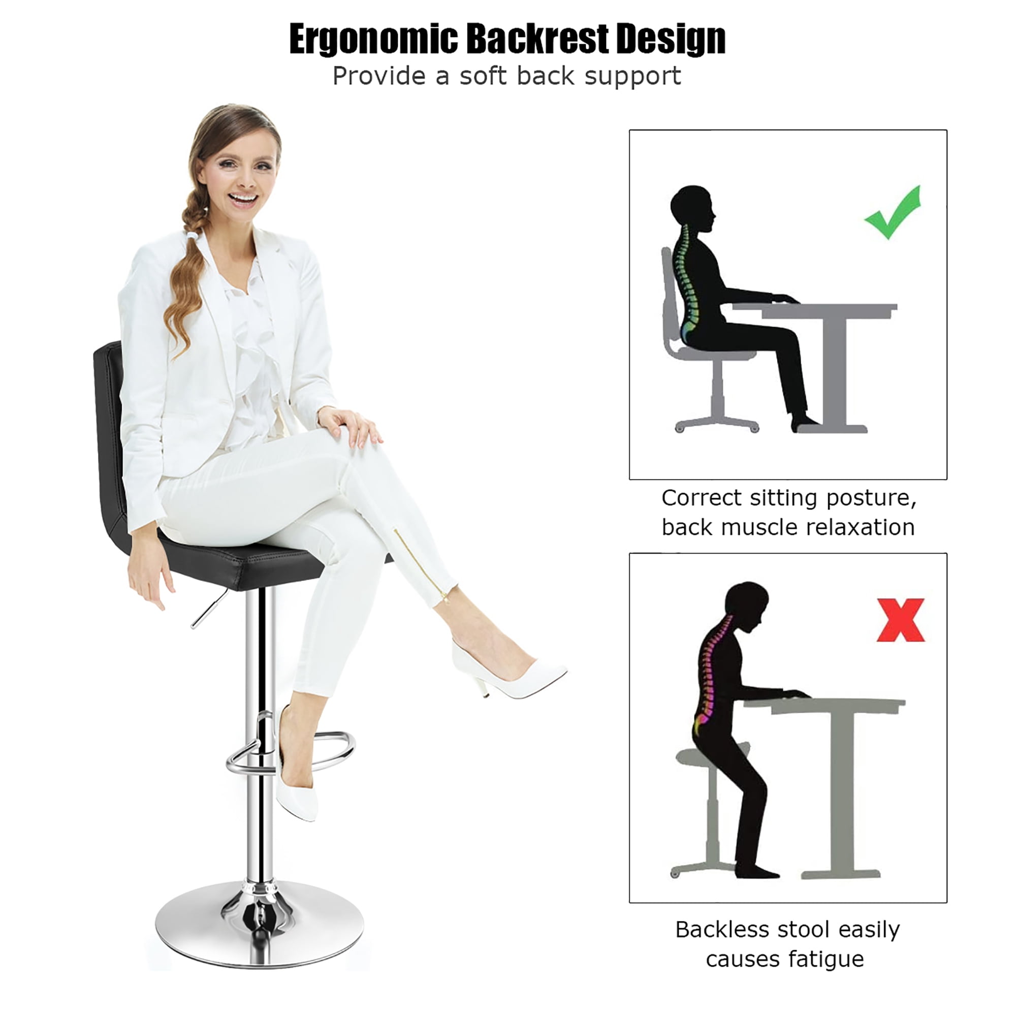 Costway Adjustable Swivel Bar Stool Counter Height Bar Chair PU Leather w/ Back Black