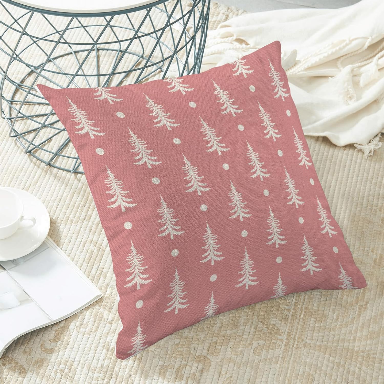 Christmas Pillow Covers 18x18 Set of 2, Christmas Tree Pink Throw Pillow Covers Linen Farmhouse Vintage Winter Christmas Decor Cushion Case Christmas Home Decor for Couch Sofa Indoor Outdoor