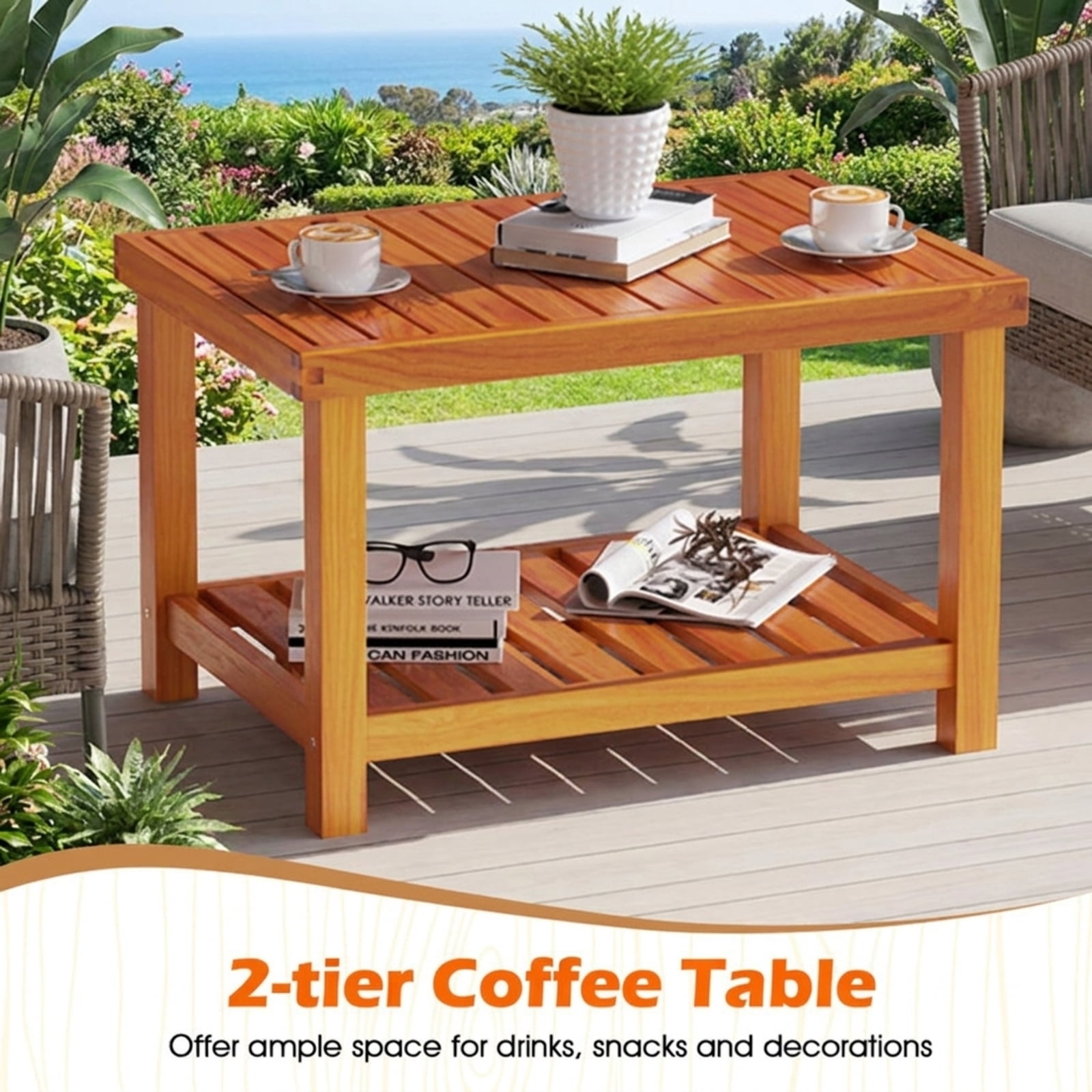 Furnibear 5 Piece Acacia Wood Patio Lounge Chair Set Outdoor Sofa Conversation Set with Ottomans Cushions and Coffee Table for Backyard, White
