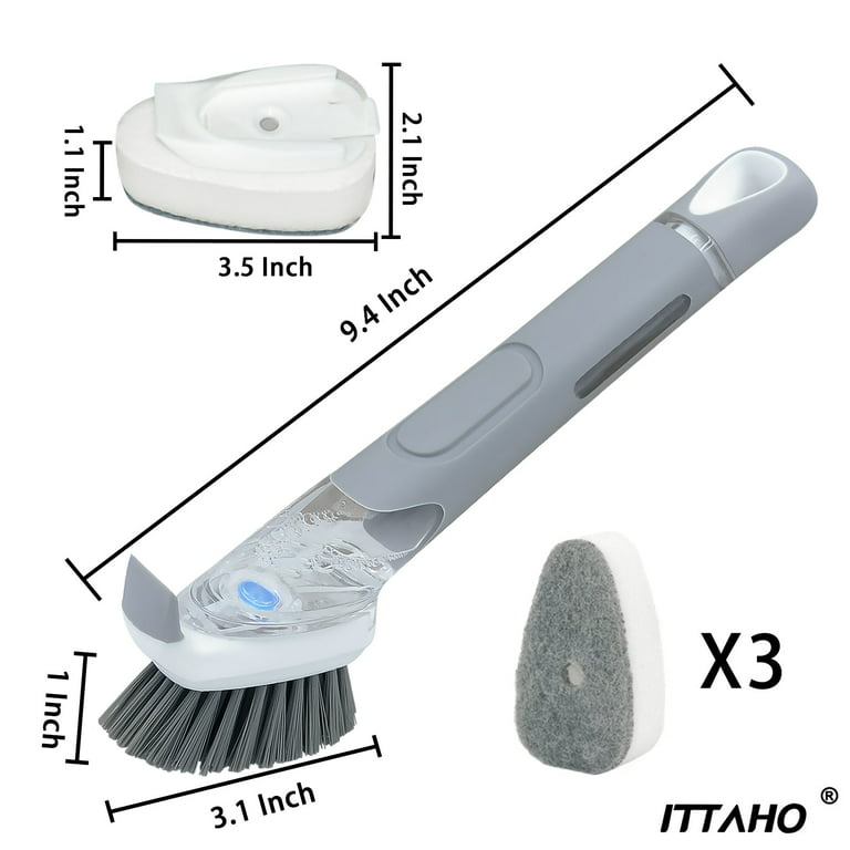 ITTAHO Dish Brush with Soap Dispenser & 3 Pack Dishwashing Sponge Refills,  Grey