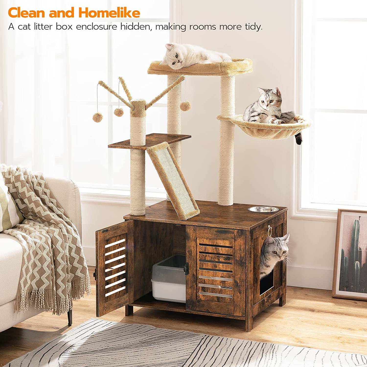 Cat Tree with Litter Box Enclosure, 44" Tall Wooden Cat Tower with Scratching Posts, Cat Hammock, Hidden Litter Box Furniture, All-in-One Indoor Cat Condo, Rustic Brown FG48MZ03