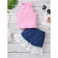 thumbnail image 3 of TSEXIEFOOFU Toddler Girls Summer 2Pcs Outfits, Sleeveless Ribbed Stand-Up Collar Tops + Lace Patchwork Denim Shorts, 3 of 9