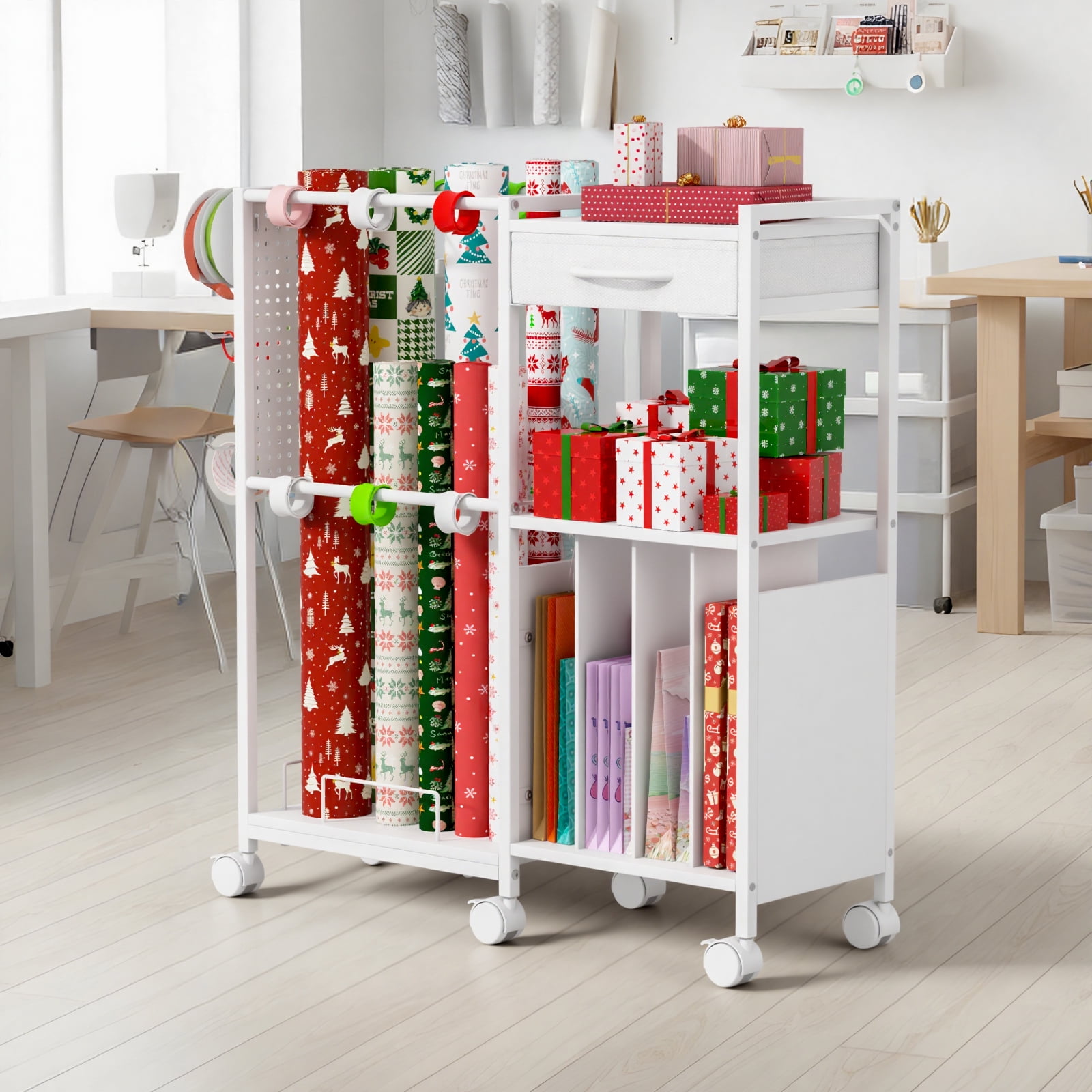 Advwin Gift Wrapping Paper Storage Cart with Drawer, Rolling Gift Wrap Station with Ribbon & Gift Bage Storage, Multi-purpose Craft Organizer Rack for Home, Office, School or Gift Shop, White