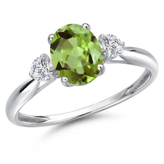 Gem Stone King 10K White Gold Green Peridot and Lab Grown Diamond 3-Stone Ring for Women | 1.64 Cttw | Oval 8X6MM | Gemstone August Birthstone | Size 8